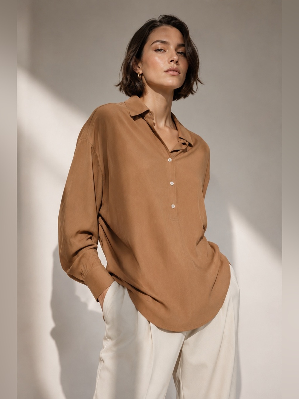 Workhall Oversized Tan Tunic Blouse Size L | Caramel Draped Button-Up Shirt